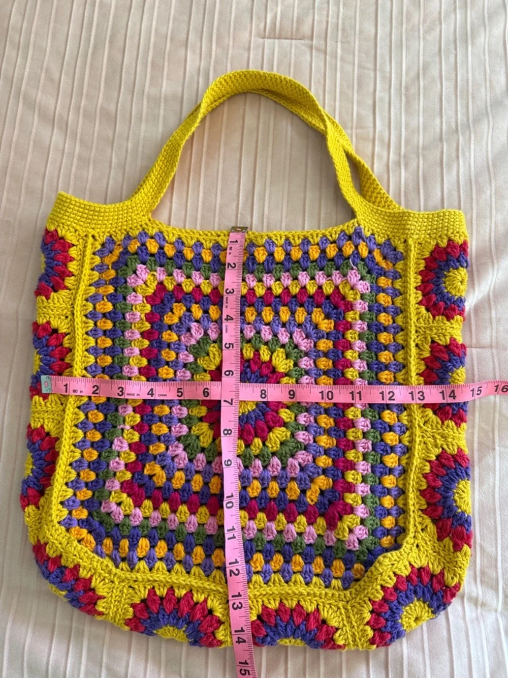 Granny Handmade Knitting Crochet Tote Bag - Mustard Multicolor - Picture 6 of 7